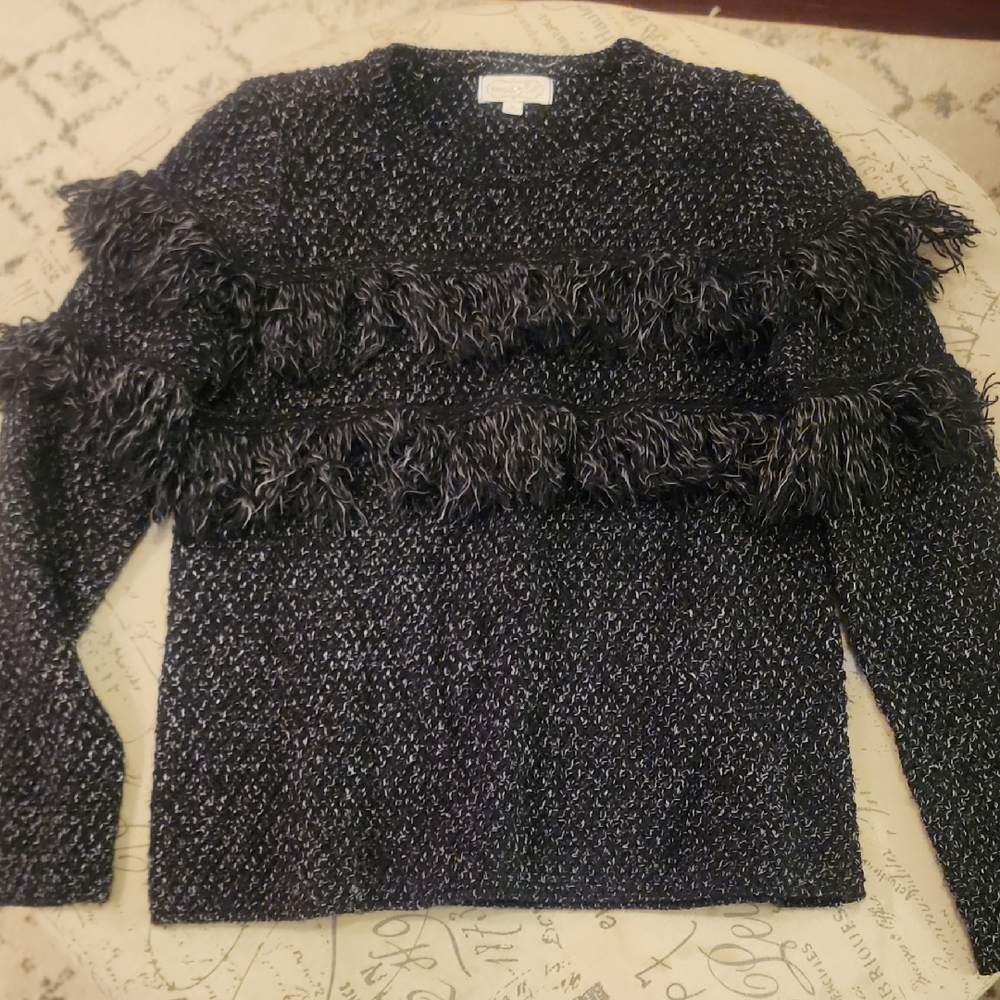 Mud Pie Black Crew Neck Sweater with Fringe